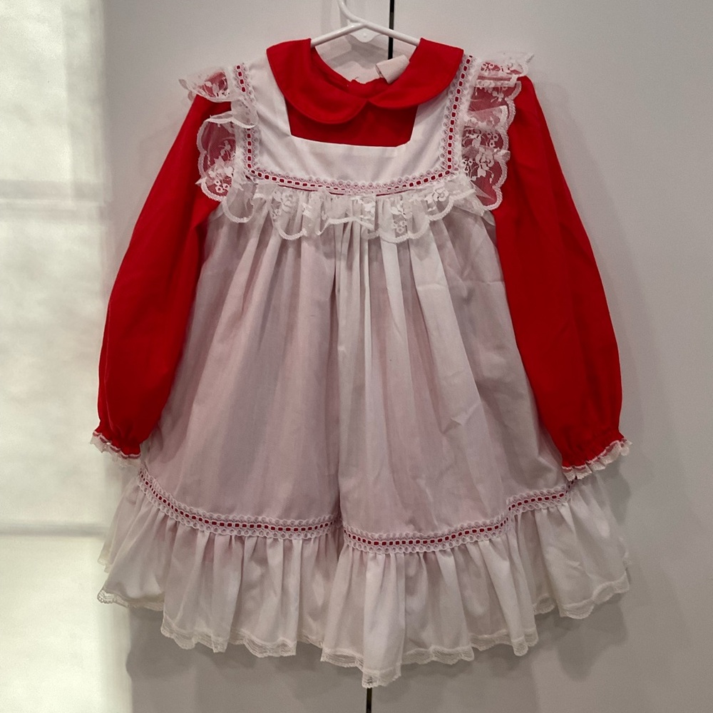 Bryan  Red and White Lace Trim Kids vintage dress